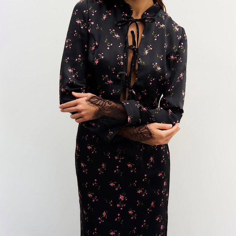 Women's Fashionable Printed Long-Sleeve Lace-Patchwork Skirt Set | Luxury Home Accessories | Heulog Glow
