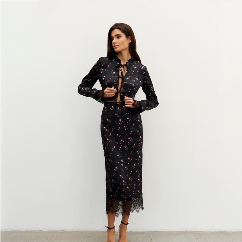 Women's Fashionable Printed Long-Sleeve Lace-Patchwork Skirt Set | Luxury Home Accessories | Heulog Glow