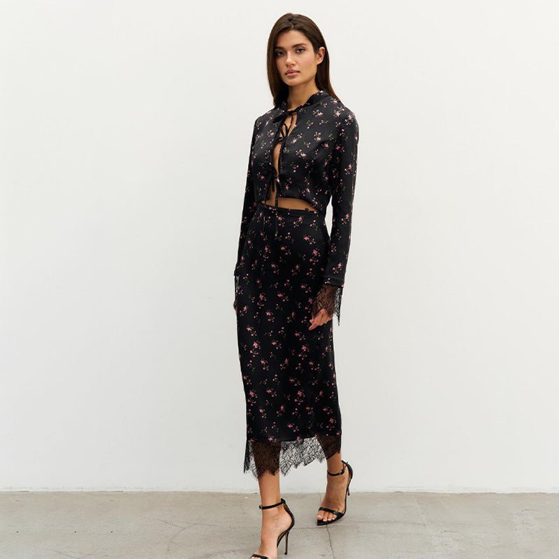 Women's Fashionable Printed Long-Sleeve Lace-Patchwork Skirt Set | Luxury Home Accessories | Heulog Glow