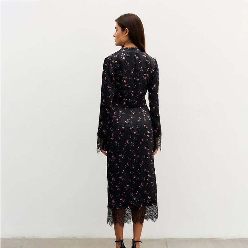 Women's Fashionable Printed Long-Sleeve Lace-Patchwork Skirt Set | Luxury Home Accessories | Heulog Glow