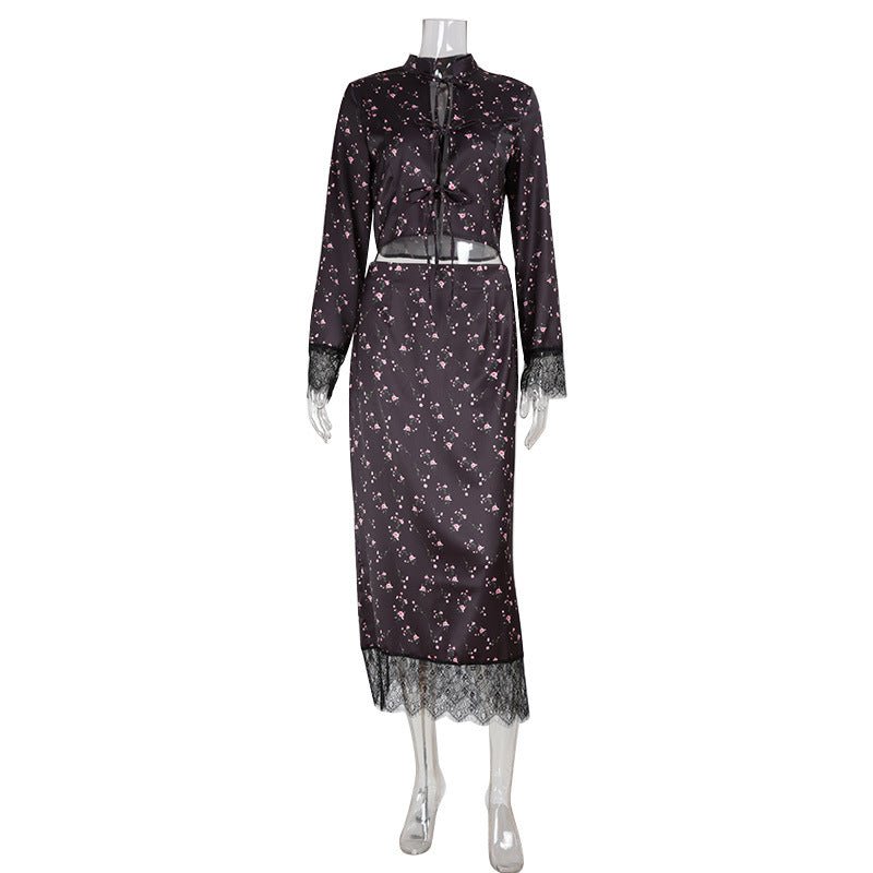 Women's Fashionable Printed Long-Sleeve Lace-Patchwork Skirt Set | Luxury Home Accessories | Heulog Glow