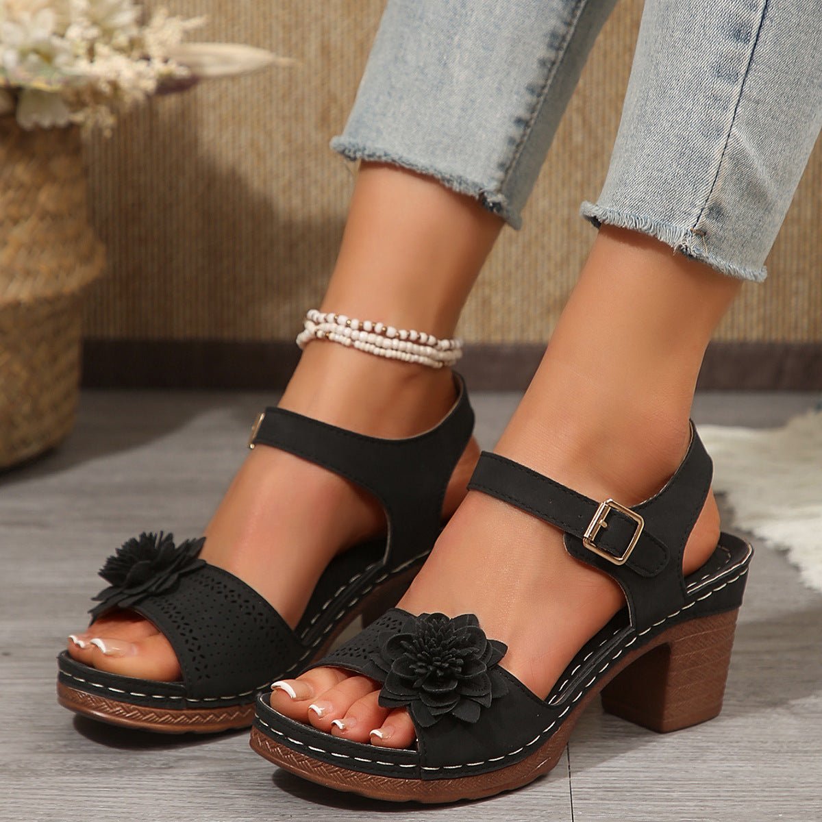 Women's Flowers Chunky Heel Sandals Summer Plus Size Platform Shoes | Luxury Home Accessories | Heulog Glow