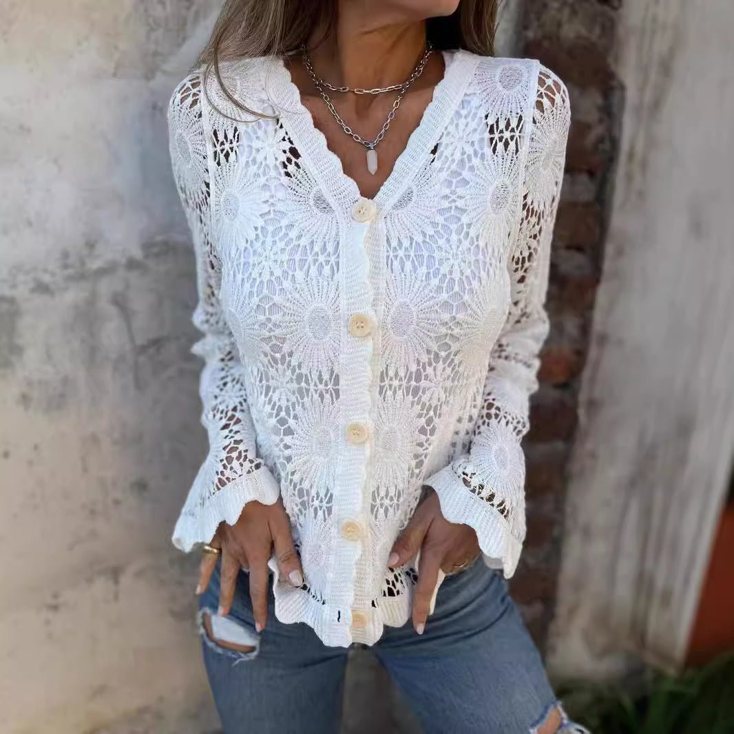 Women's Lace V-neck Long Sleeve Top | Luxury Home Accessories | Heulog Glow