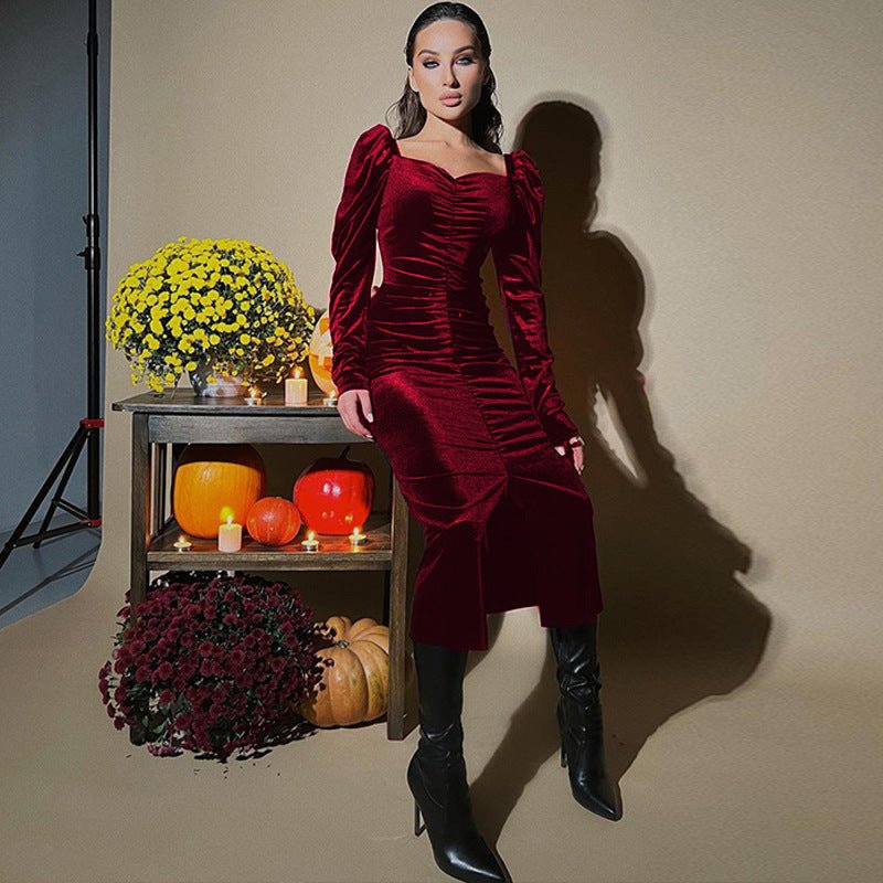 Women's Pleated Slim Fit Slit Long-sleeved Dress | Luxury Home Accessories | Heulog Glow