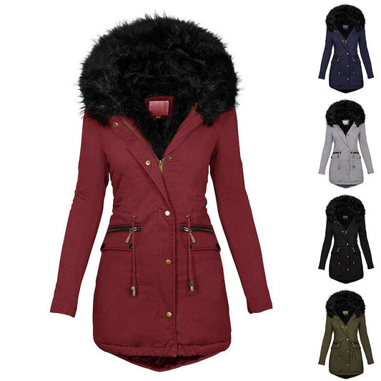 Women's Plush Hooded Parkas Winter Warm Thick Zip-up Jackets Casual Mid-length Solid Buckle Pockets Coat Outerwear Clothing | Luxury Home Accessories | Heulog Glow