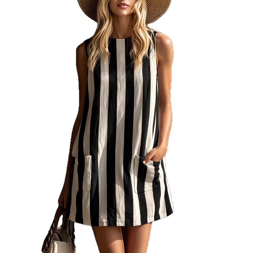 Women's Retro Striped Sleeveless Crew-Neck Cotton-Linen Mini Dress | Luxury Home Accessories | Heulog Glow