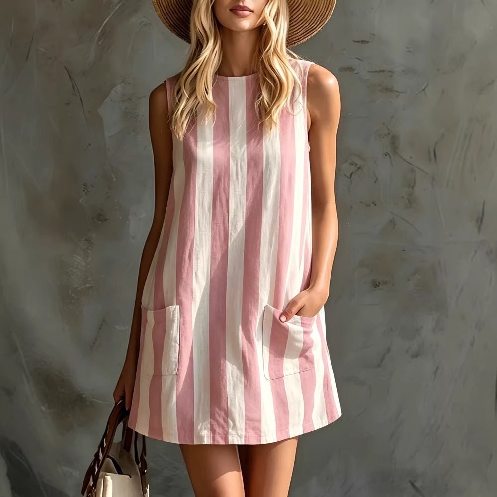 Women's Retro Striped Sleeveless Crew-Neck Cotton-Linen Mini Dress | Luxury Home Accessories | Heulog Glow