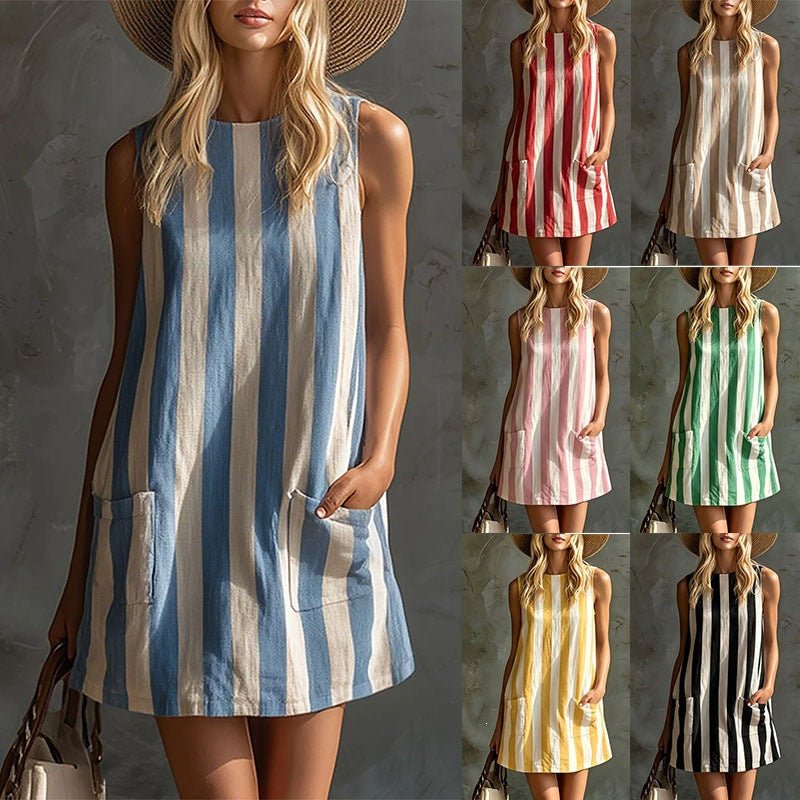 Women's Retro Striped Sleeveless Crew-Neck Cotton-Linen Mini Dress | Luxury Home Accessories | Heulog Glow