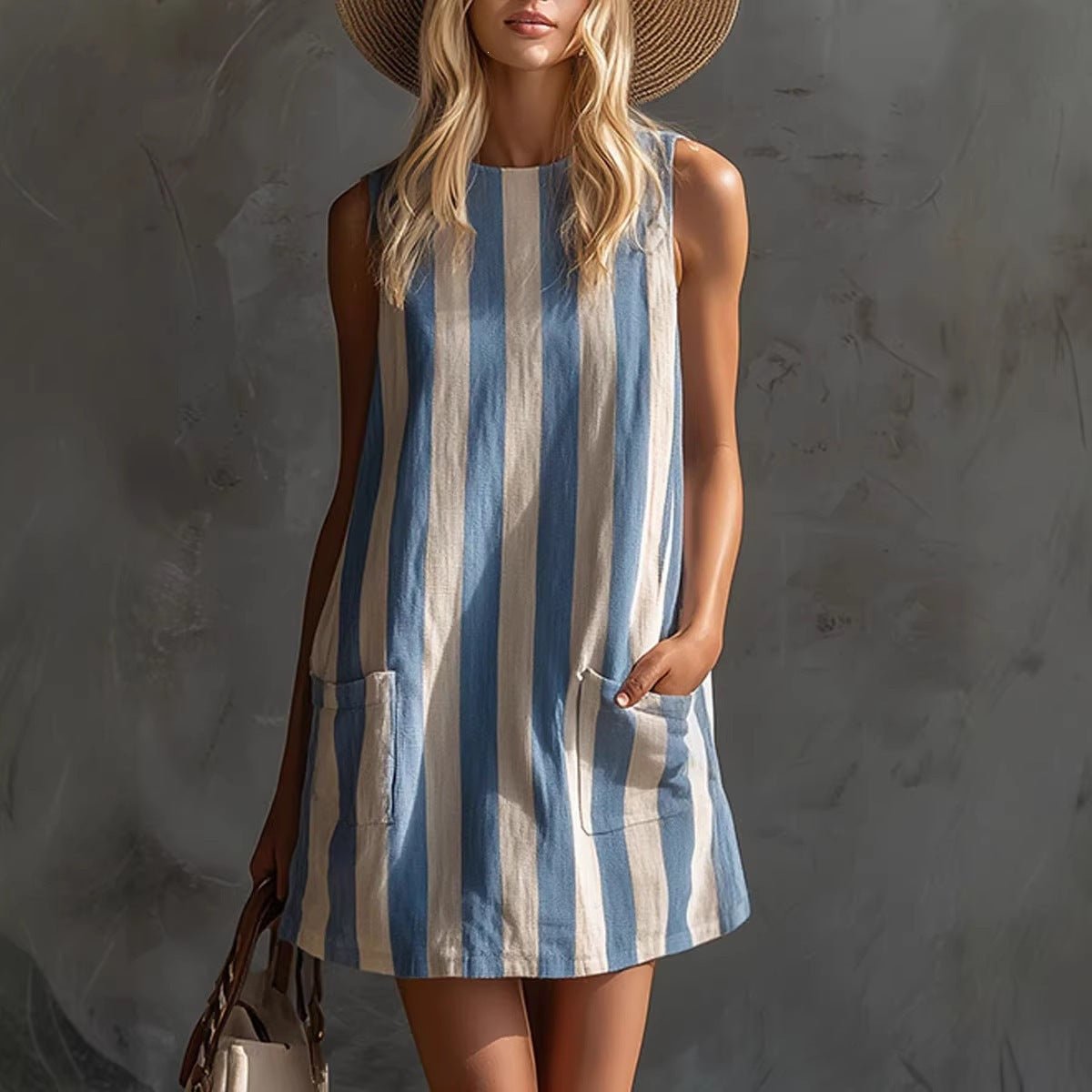Women's Retro Striped Sleeveless Crew-Neck Cotton-Linen Mini Dress | Luxury Home Accessories | Heulog Glow