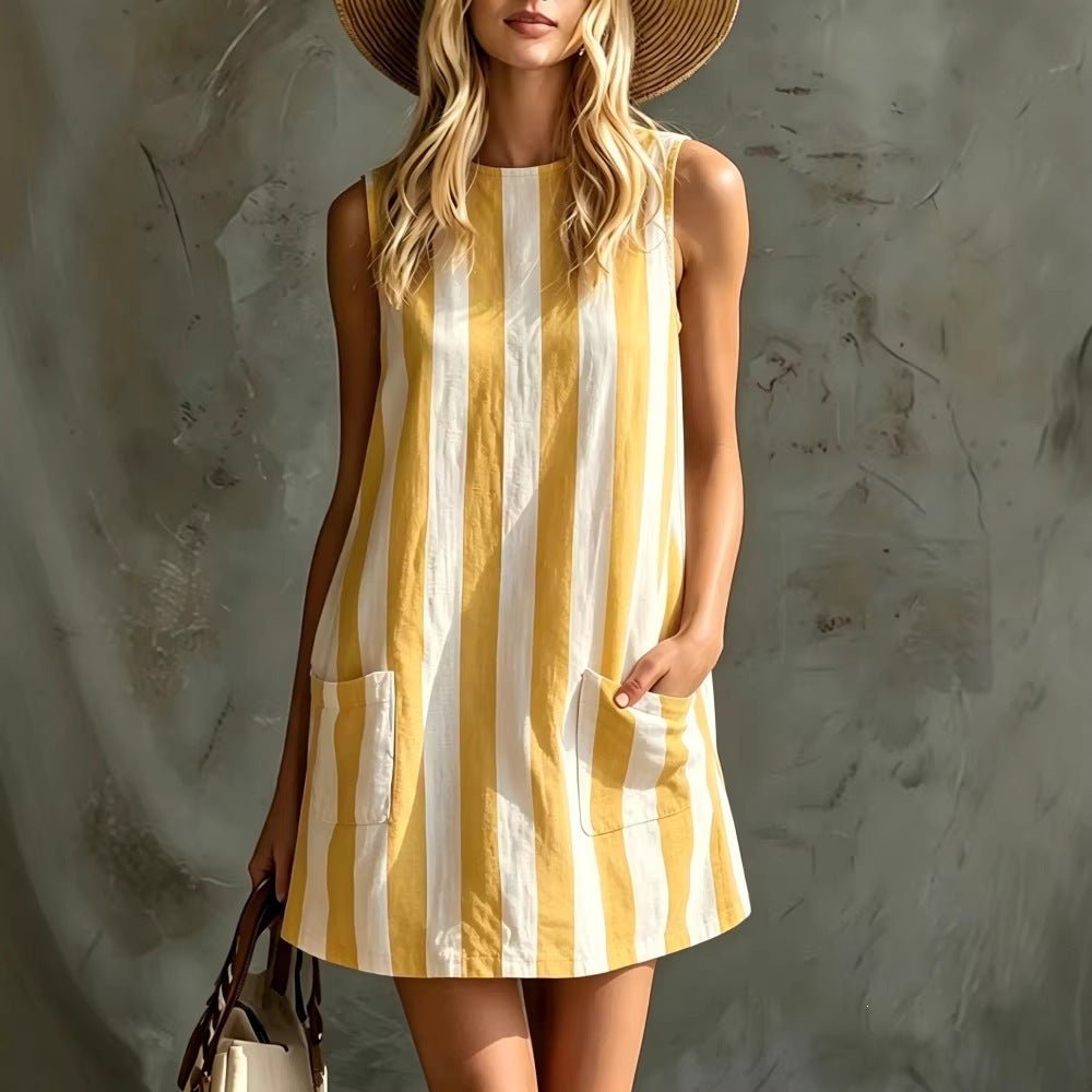 Women's Retro Striped Sleeveless Crew-Neck Cotton-Linen Mini Dress | Luxury Home Accessories | Heulog Glow