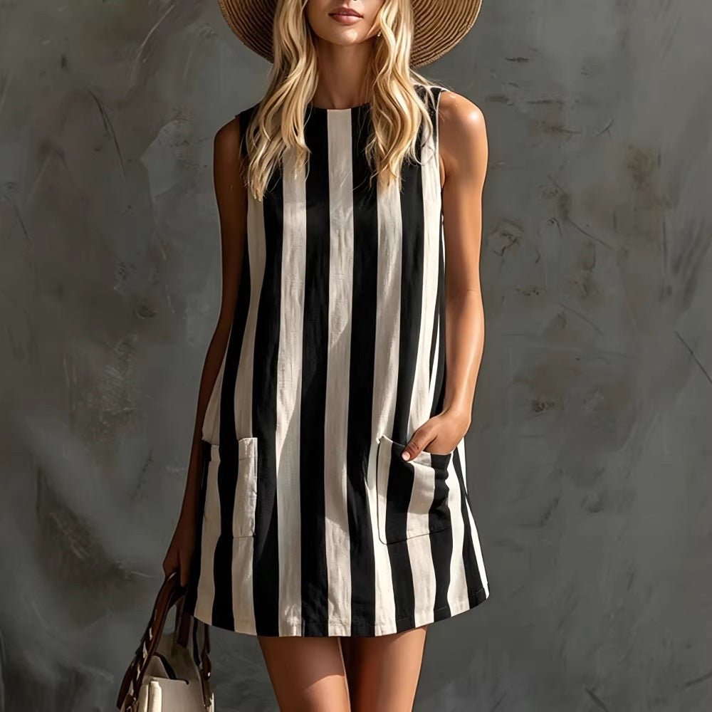 Women's Retro Striped Sleeveless Crew-Neck Cotton-Linen Mini Dress | Luxury Home Accessories | Heulog Glow
