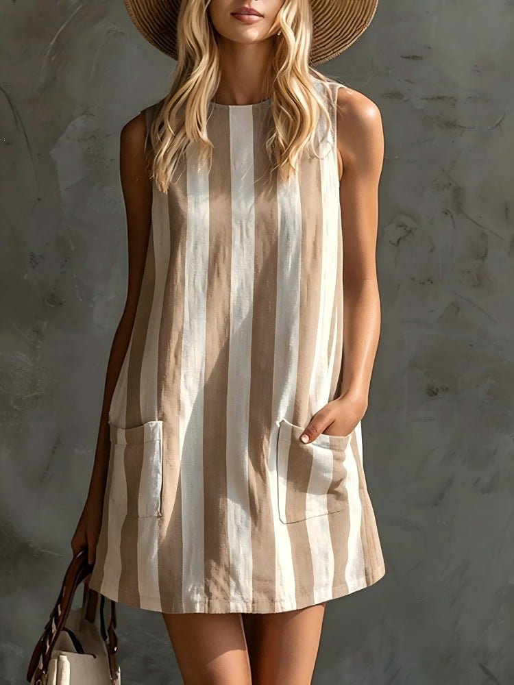 Women's Retro Striped Sleeveless Crew-Neck Cotton-Linen Mini Dress | Luxury Home Accessories | Heulog Glow