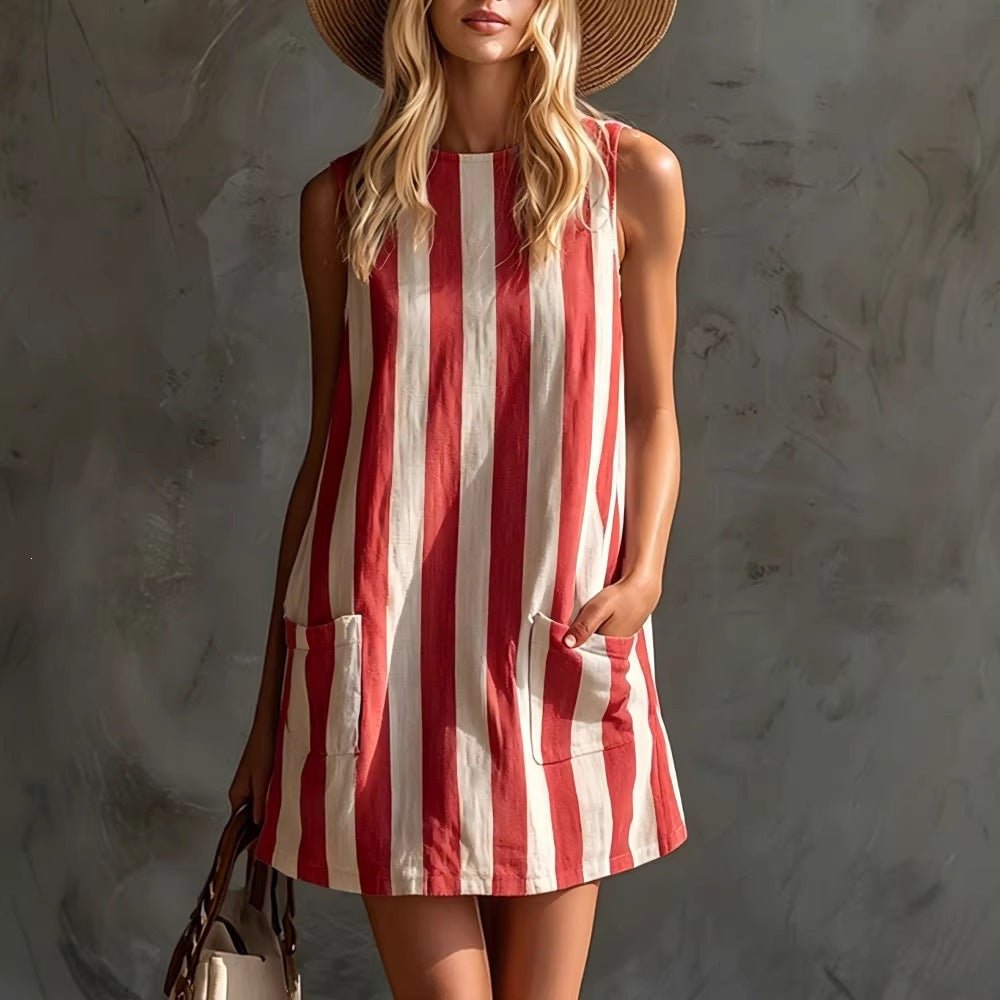 Women's Retro Striped Sleeveless Crew-Neck Cotton-Linen Mini Dress | Luxury Home Accessories | Heulog Glow