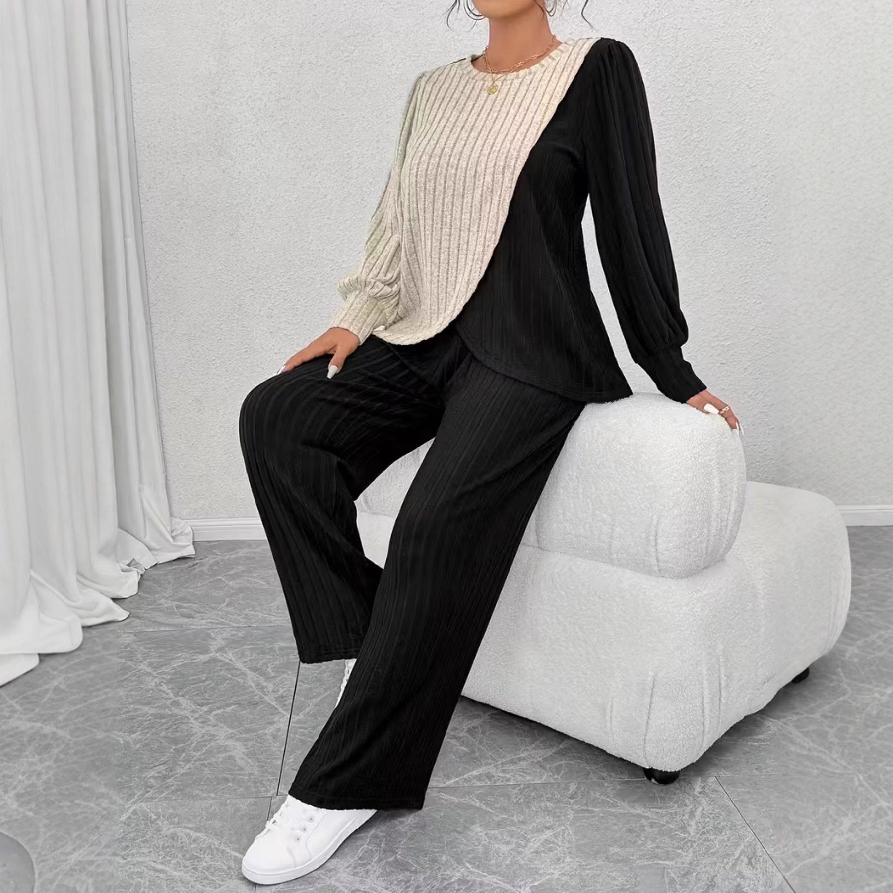 Women's Set Crew-neck Colorblock Top With Asymmetrical Hem Straight-leg Trousers | Luxury Home Accessories | Heulog Glow