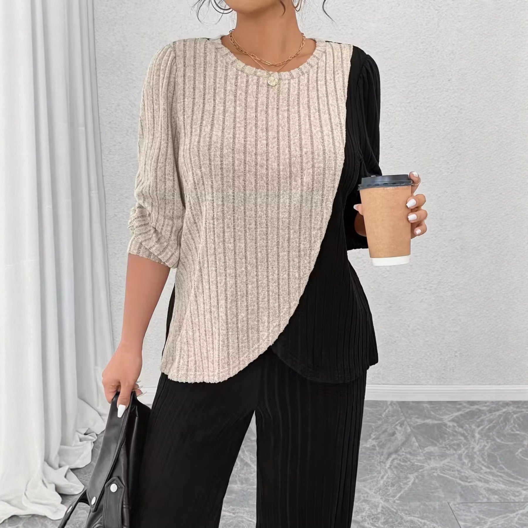 Women's Set Crew-neck Colorblock Top With Asymmetrical Hem Straight-leg Trousers | Luxury Home Accessories | Heulog Glow