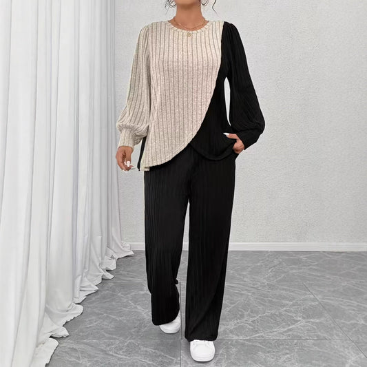 Women's Set Crew-neck Colorblock Top With Asymmetrical Hem Straight-leg Trousers | Luxury Home Accessories | Heulog Glow