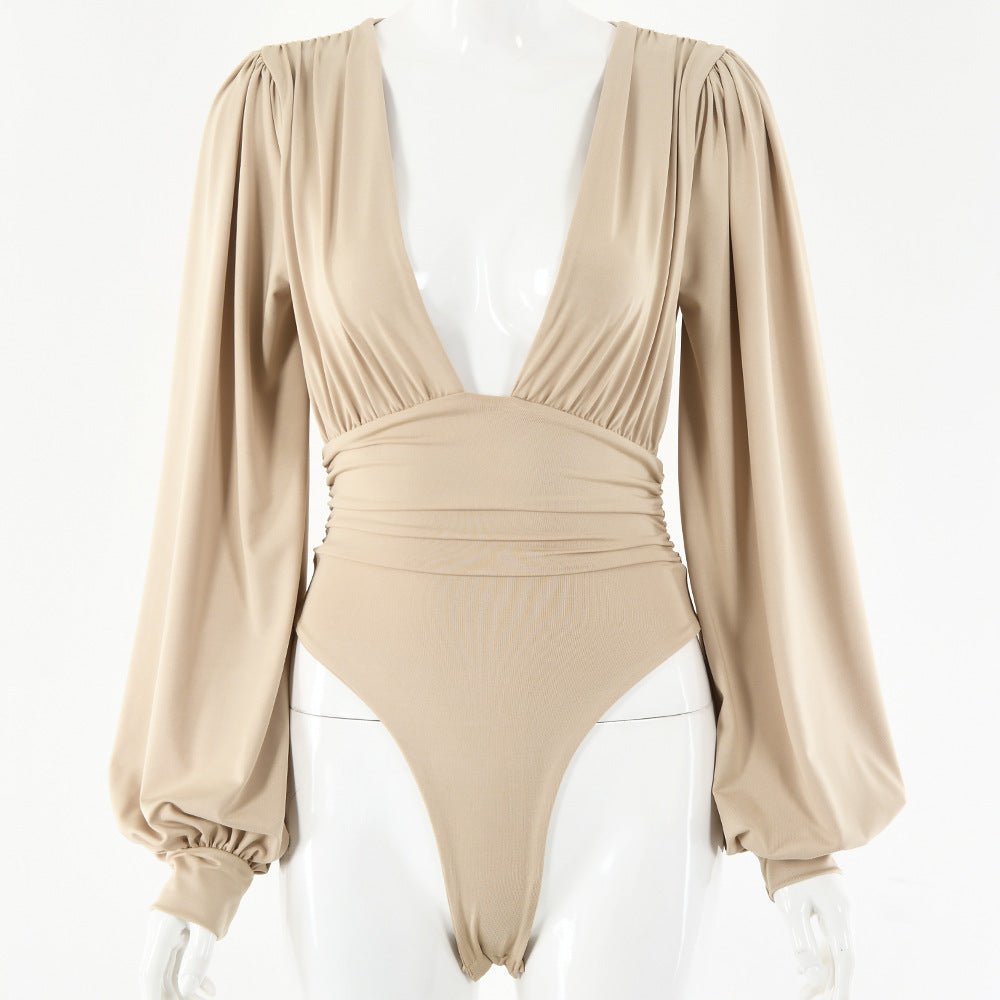 Women's sexy long-sleeved deep V waist pleated temperament bodysuit | Luxury Home Accessories | Heulog Glow