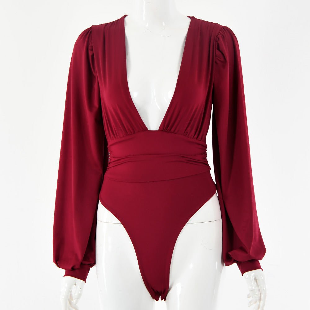 Women's sexy long-sleeved deep V waist pleated temperament bodysuit | Luxury Home Accessories | Heulog Glow
