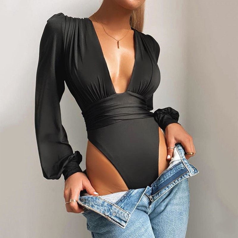 Women's sexy long-sleeved deep V waist pleated temperament bodysuit | Luxury Home Accessories | Heulog Glow