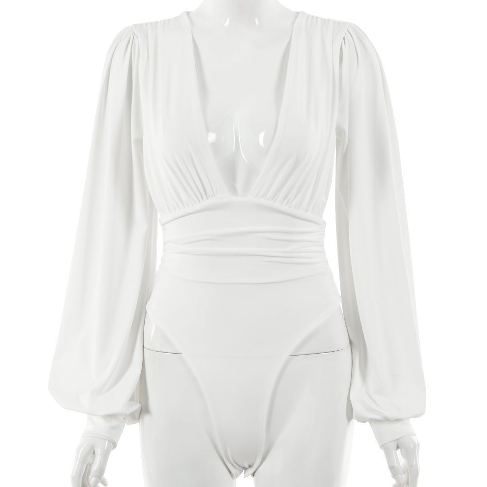 Women's sexy long-sleeved deep V waist pleated temperament bodysuit | Luxury Home Accessories | Heulog Glow