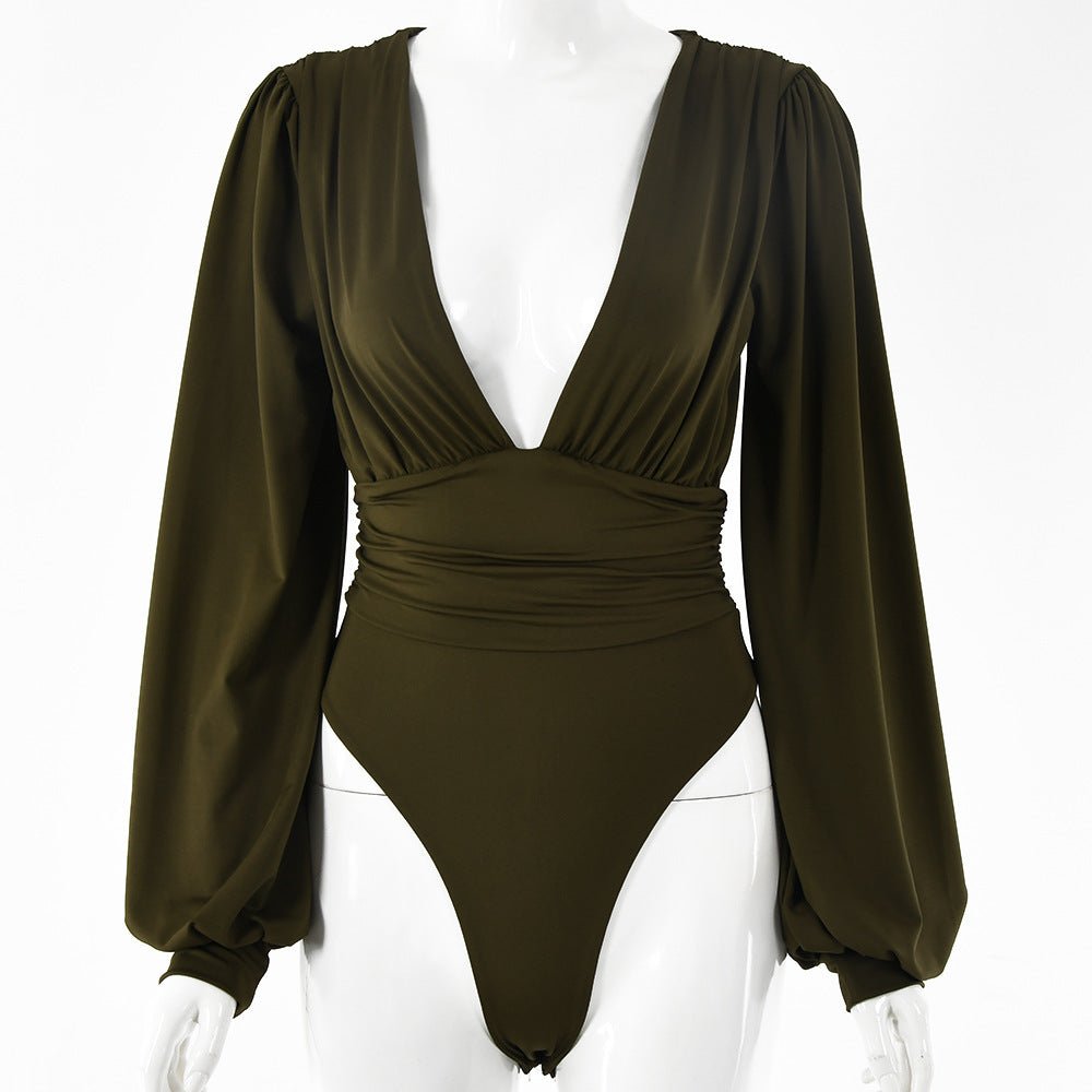 Women's sexy long-sleeved deep V waist pleated temperament bodysuit | Luxury Home Accessories | Heulog Glow