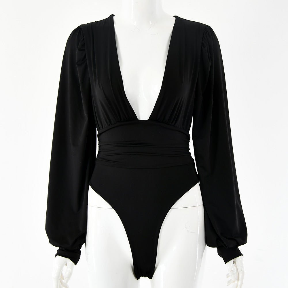 Women's sexy long-sleeved deep V waist pleated temperament bodysuit | Luxury Home Accessories | Heulog Glow