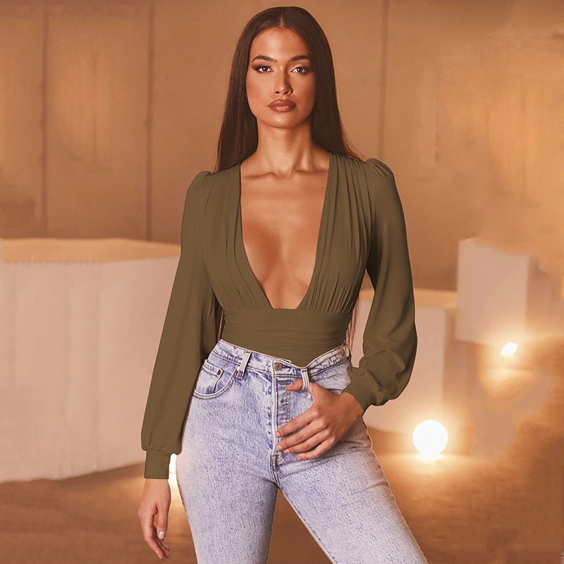 Women's sexy long-sleeved deep V waist pleated temperament bodysuit | Luxury Home Accessories | Heulog Glow