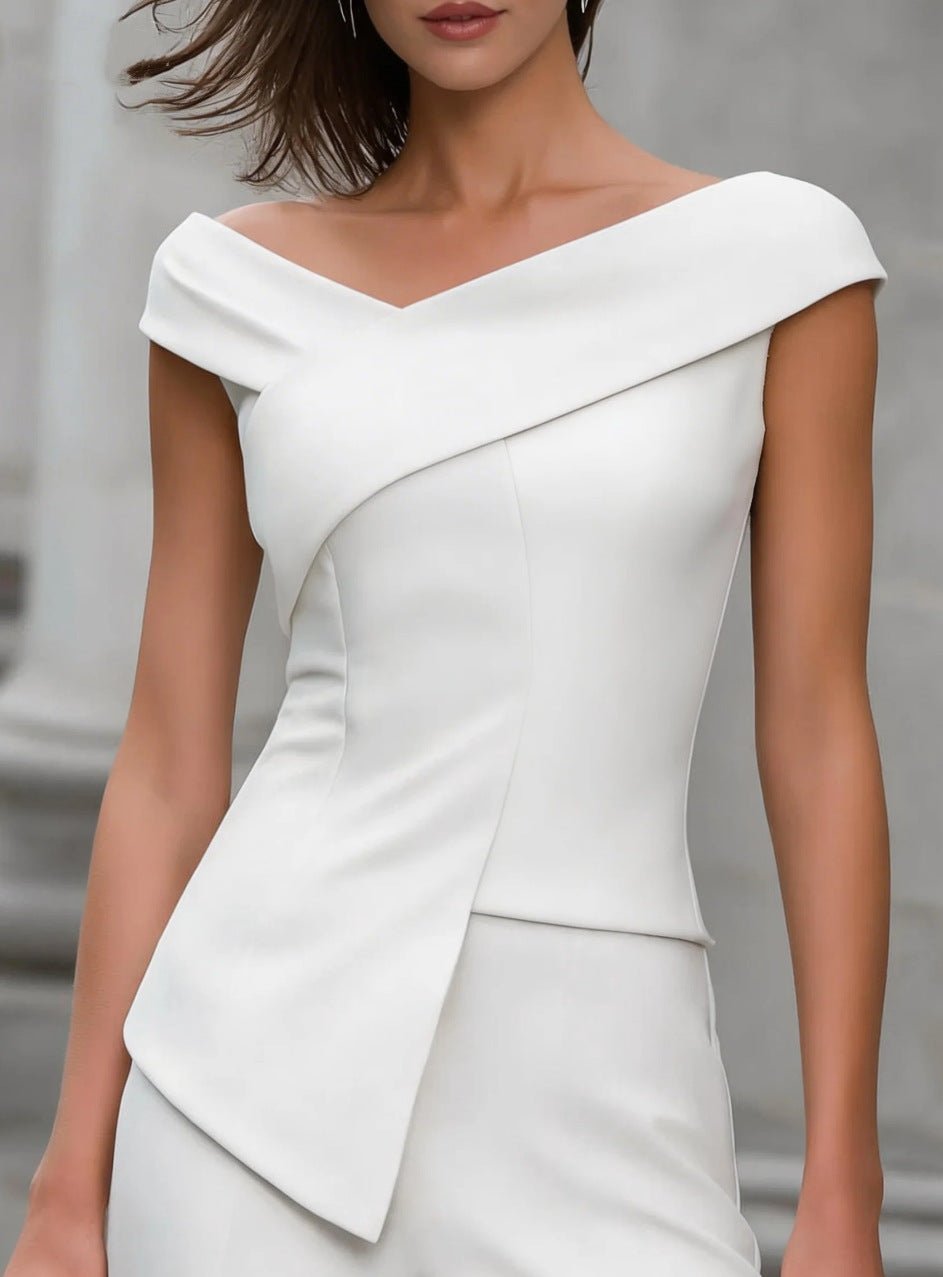 Womens Solid-Color Fashion Off-Shoulder Cross V-Neck Asymmetrical Top | Luxury Home Accessories | Heulog Glow