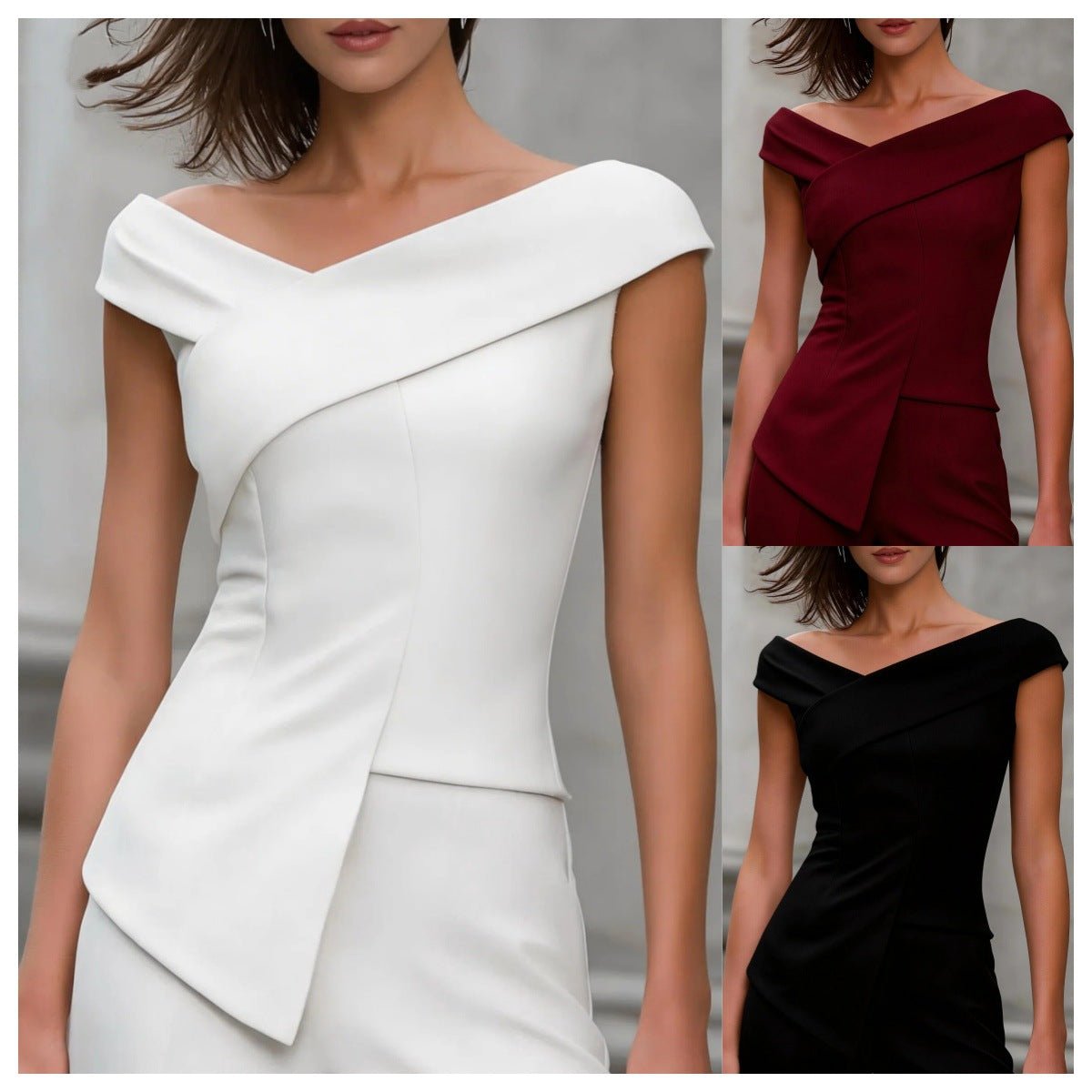 Womens Solid-Color Fashion Off-Shoulder Cross V-Neck Asymmetrical Top | Luxury Home Accessories | Heulog Glow