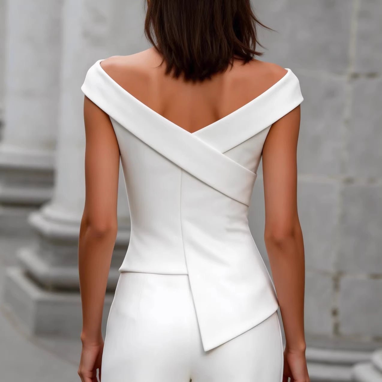 Womens Solid-Color Fashion Off-Shoulder Cross V-Neck Asymmetrical Top | Luxury Home Accessories | Heulog Glow