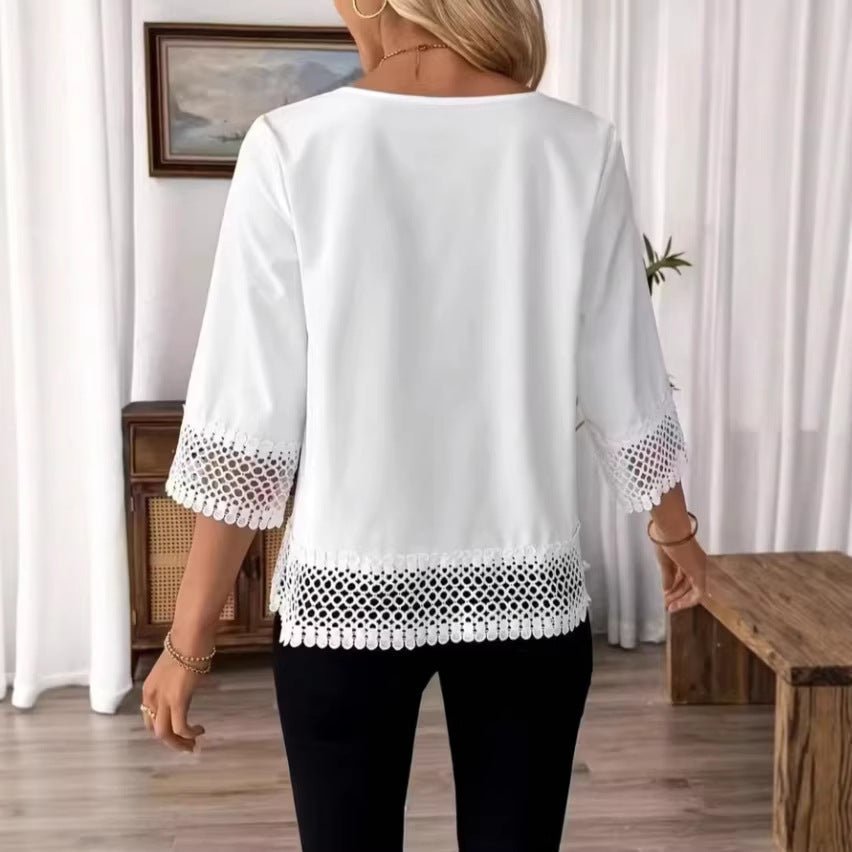 Women's Solid-Color Lace Trim Crewneck T-Shirt | Luxury Home Accessories | Heulog Glow