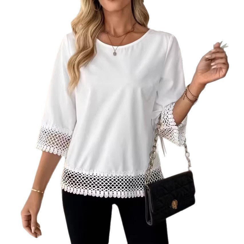 Women's Solid-Color Lace Trim Crewneck T-Shirt | Luxury Home Accessories | Heulog Glow
