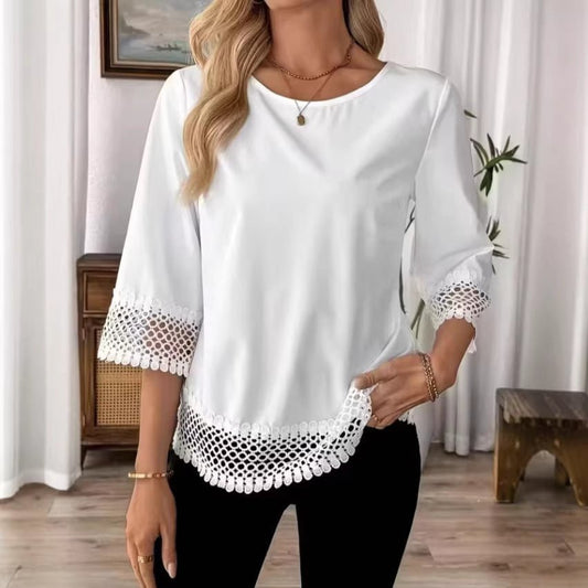 Women's Solid-Color Lace Trim Crewneck T-Shirt | Luxury Home Accessories | Heulog Glow