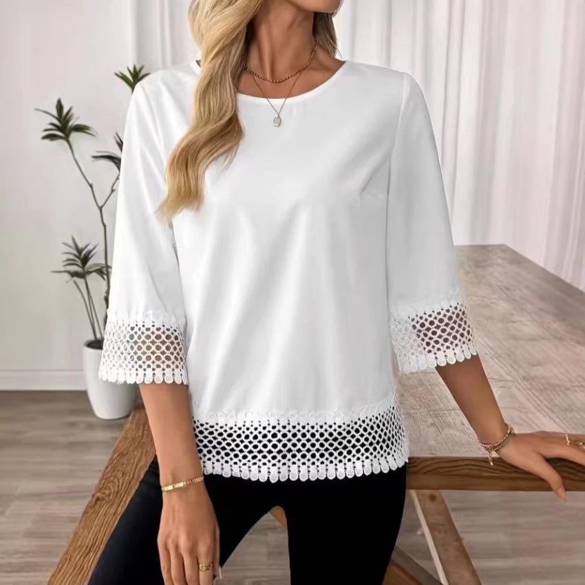 Women's Solid-Color Lace Trim Crewneck T-Shirt | Luxury Home Accessories | Heulog Glow