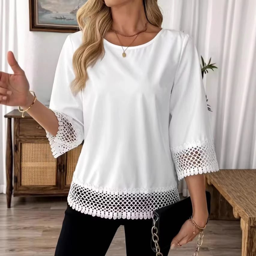 Women's Solid-Color Lace Trim Crewneck T-Shirt | Luxury Home Accessories | Heulog Glow