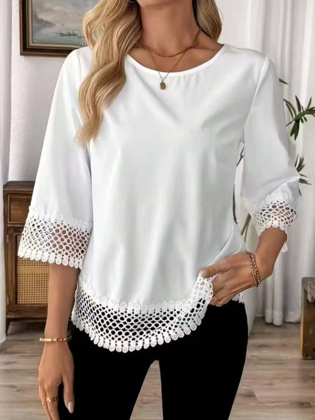 Women's Solid-Color Lace Trim Crewneck T-Shirt | Luxury Home Accessories | Heulog Glow