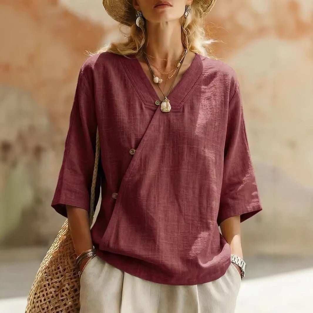 Women's Solid-Colored Cotton-Linen Button-Up Top | Luxury Home Accessories | Heulog Glow