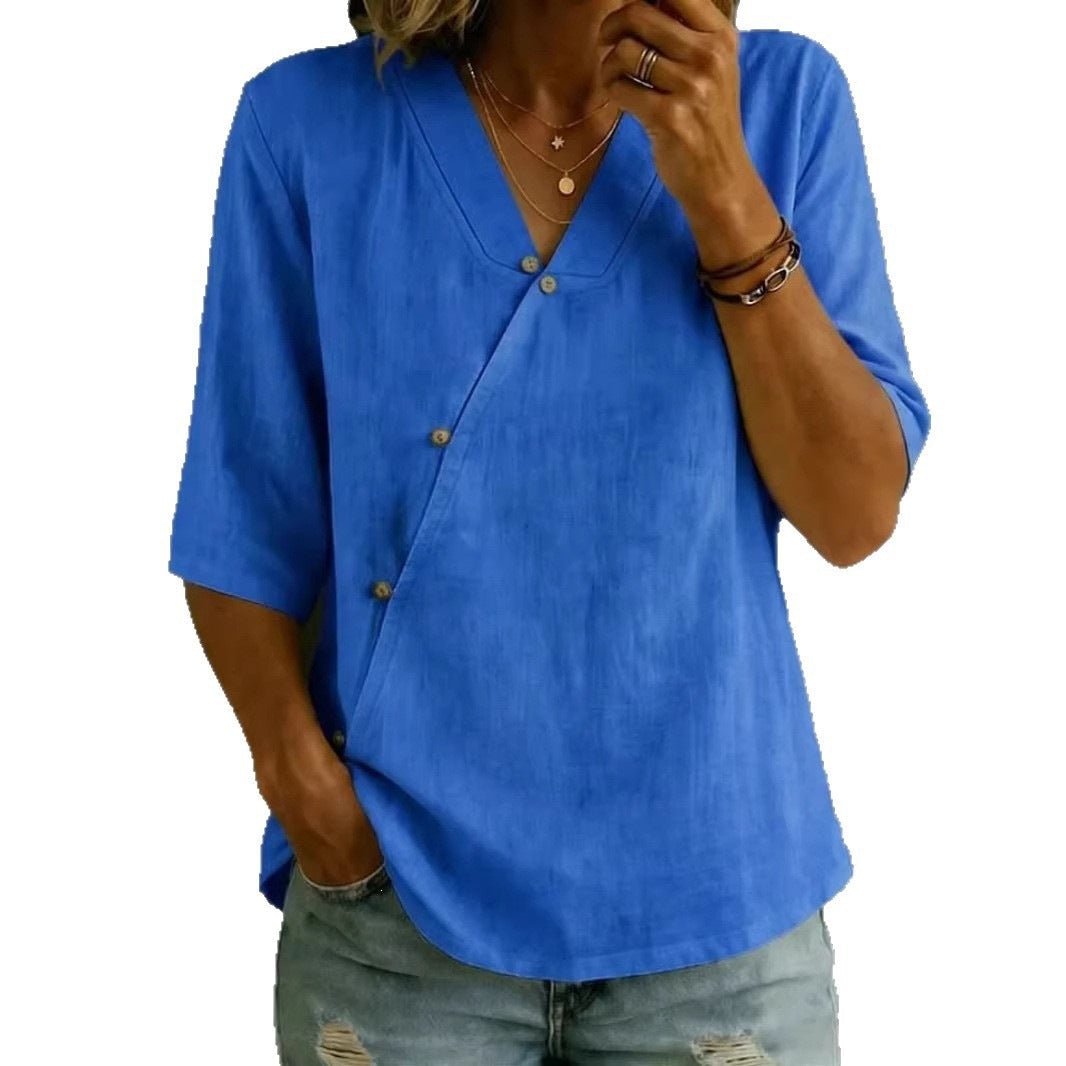 Women's Solid-Colored Cotton-Linen Button-Up Top | Luxury Home Accessories | Heulog Glow