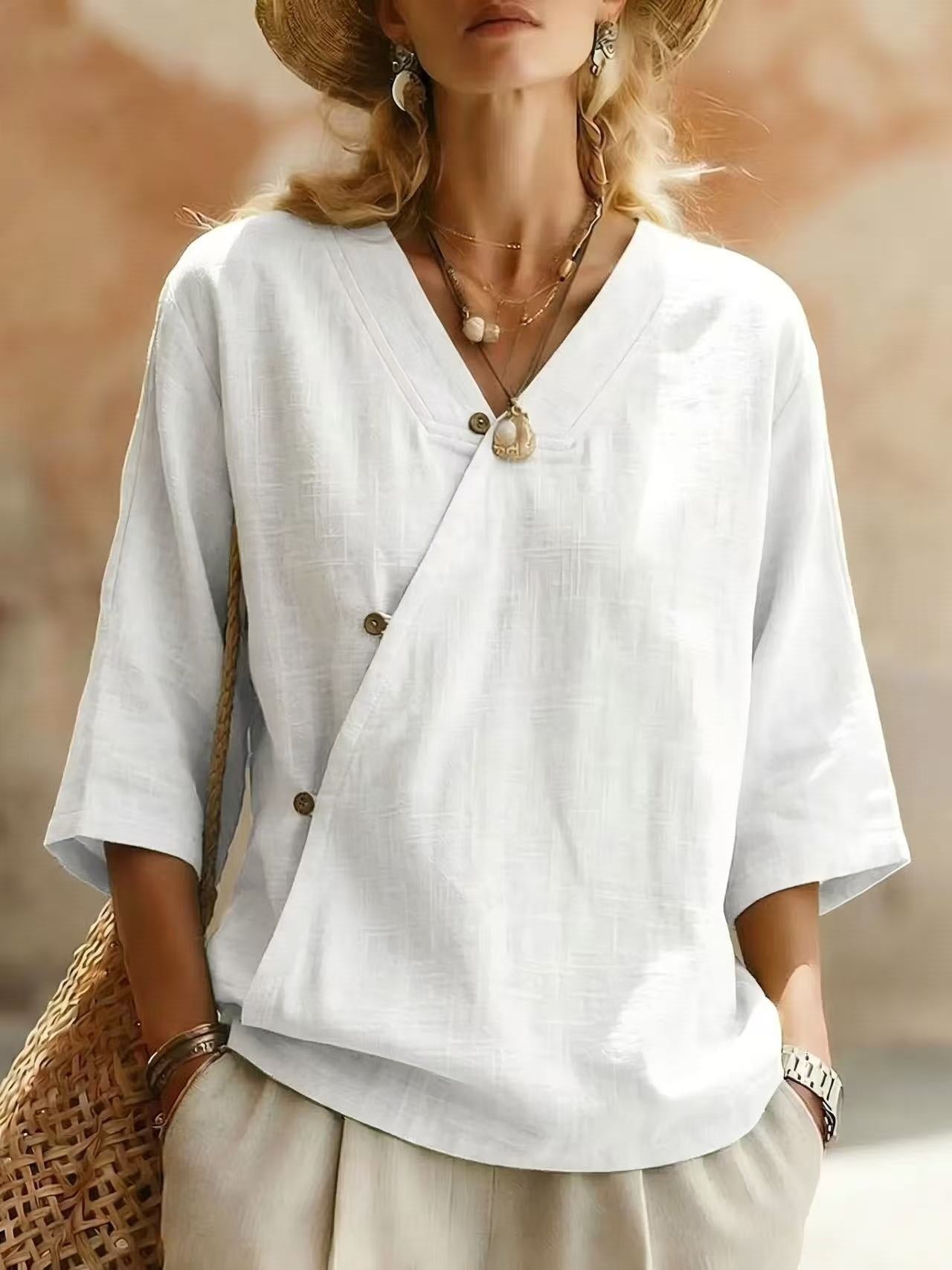 Women's Solid-Colored Cotton-Linen Button-Up Top | Luxury Home Accessories | Heulog Glow