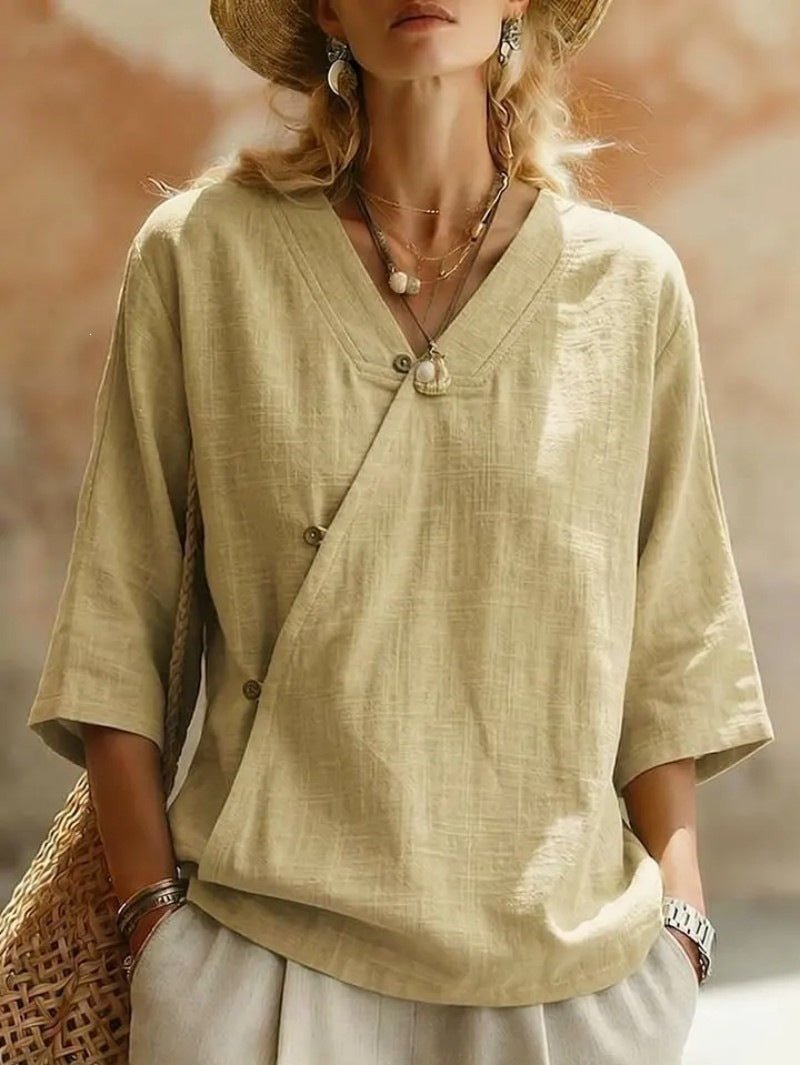Women's Solid-Colored Cotton-Linen Button-Up Top | Luxury Home Accessories | Heulog Glow