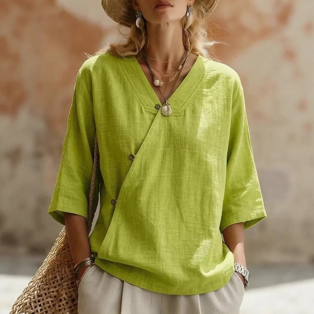 Women's Solid-Colored Cotton-Linen Button-Up Top | Luxury Home Accessories | Heulog Glow