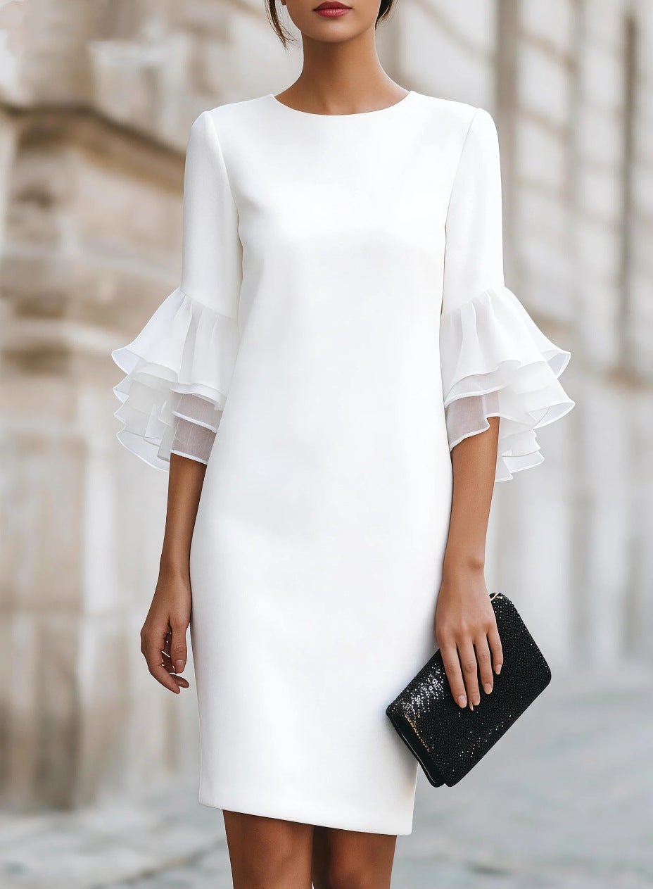 Womens Solid-Colored Ruffle-Trim Flared-Sleeve Slim-Fit Dress | Luxury Home Accessories | Heulog Glow