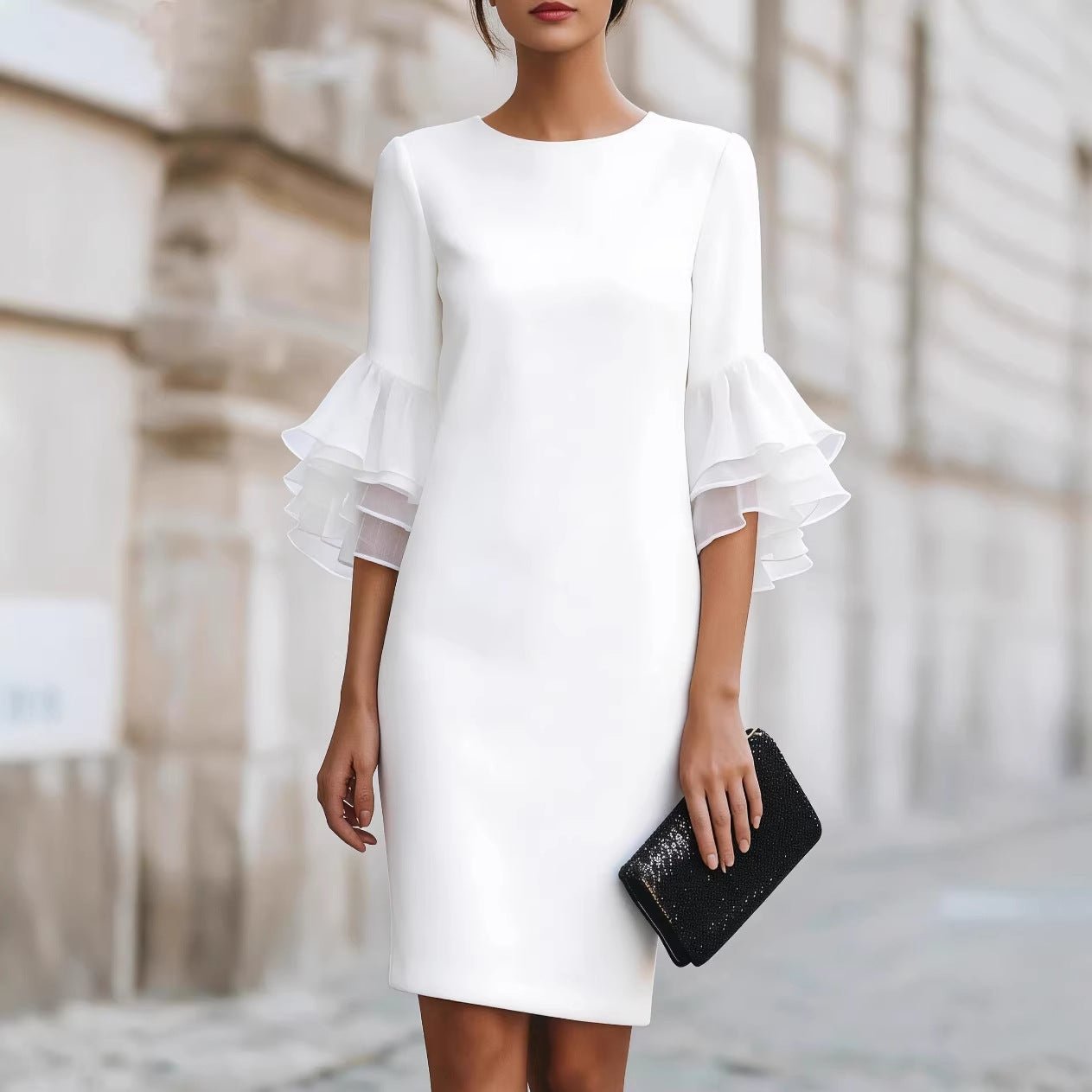 Womens Solid-Colored Ruffle-Trim Flared-Sleeve Slim-Fit Dress | Luxury Home Accessories | Heulog Glow