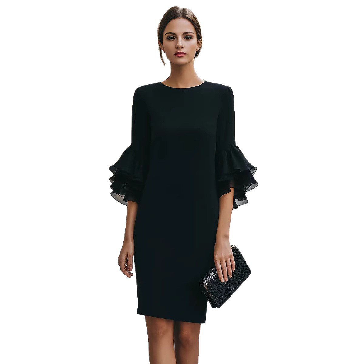 Womens Solid-Colored Ruffle-Trim Flared-Sleeve Slim-Fit Dress | Luxury Home Accessories | Heulog Glow