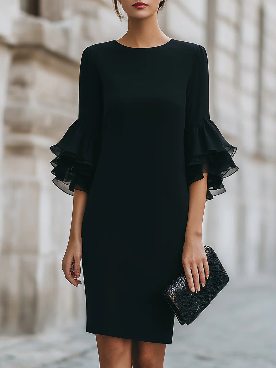 Womens Solid-Colored Ruffle-Trim Flared-Sleeve Slim-Fit Dress | Luxury Home Accessories | Heulog Glow