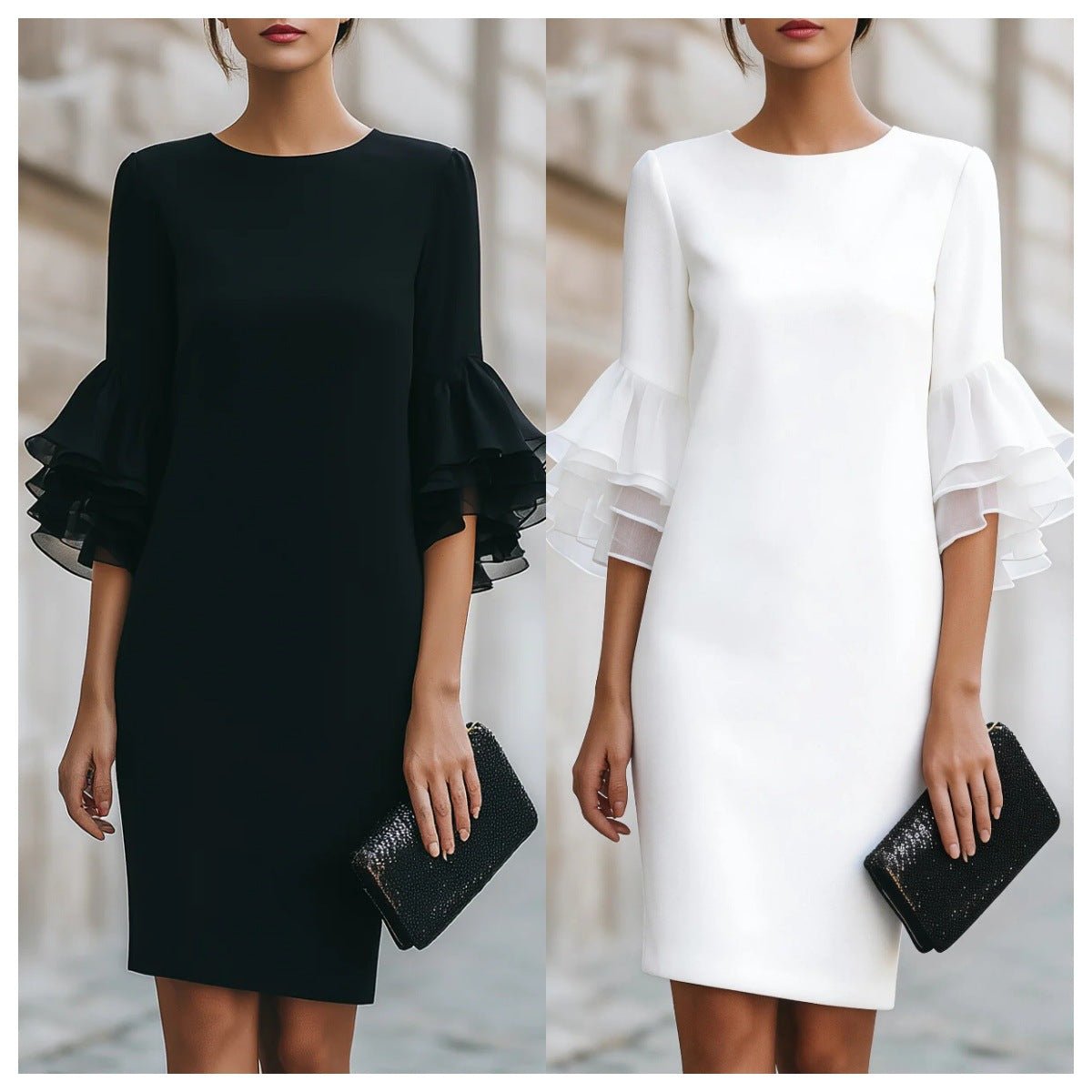 Womens Solid-Colored Ruffle-Trim Flared-Sleeve Slim-Fit Dress | Luxury Home Accessories | Heulog Glow