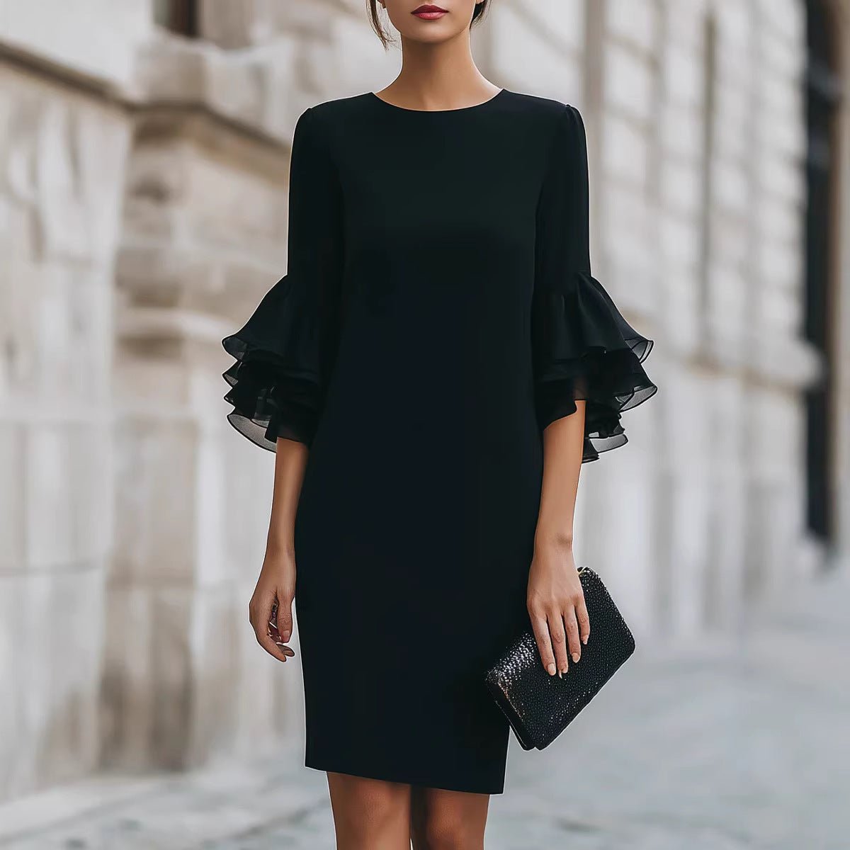 Womens Solid-Colored Ruffle-Trim Flared-Sleeve Slim-Fit Dress | Luxury Home Accessories | Heulog Glow