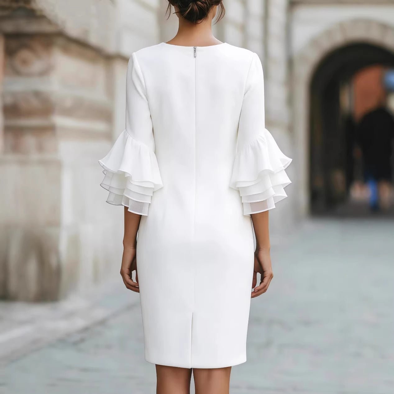 Womens Solid-Colored Ruffle-Trim Flared-Sleeve Slim-Fit Dress | Luxury Home Accessories | Heulog Glow