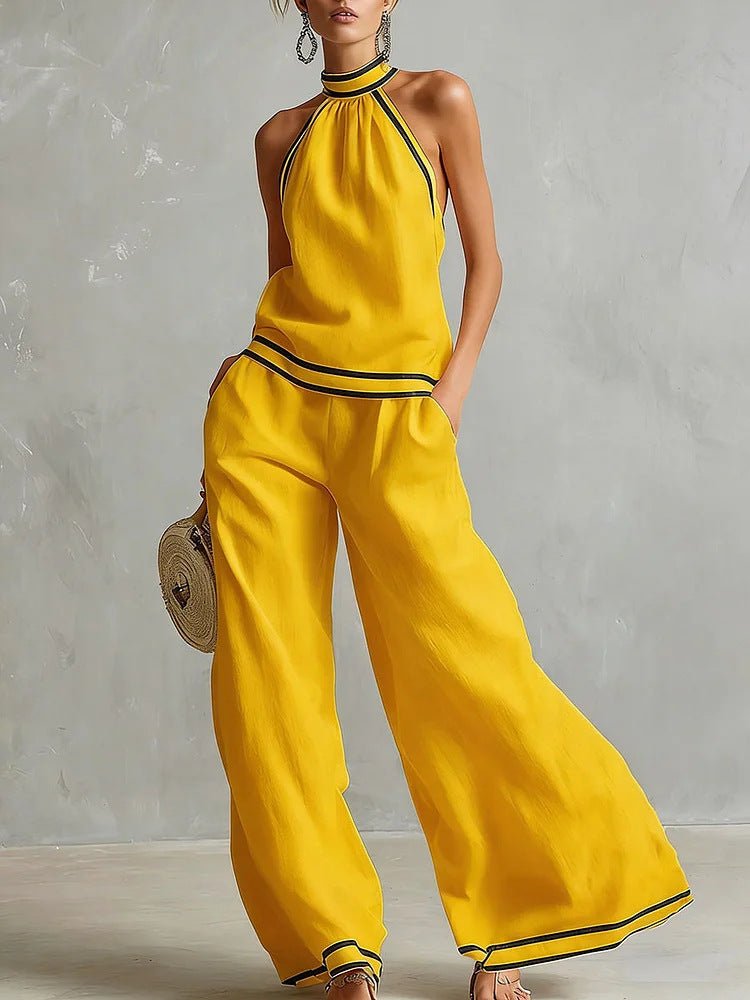 Womens Striped Patchwork Halterneck Sleeveless Wide-Leg Pants Set | Luxury Home Accessories | Heulog Glow
