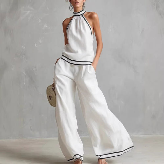 Womens Striped Patchwork Halterneck Sleeveless Wide-Leg Pants Set | Luxury Home Accessories | Heulog Glow